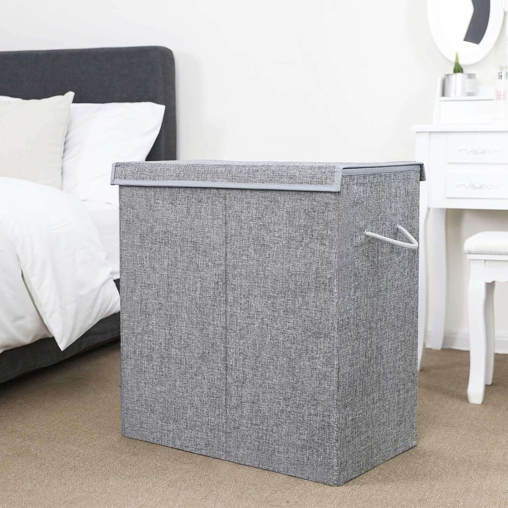 BirdRock Home Double Laundry Hamper With Removable Bags - Collapsible Sorting Basket With Lid, Grey