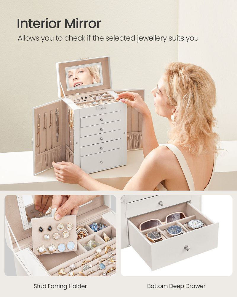 thumbnail image 2 of KAMIER Jewelry Box For Women, 6-Layer Large Jewelry Organizer Box With Mirror & 5 Drawers For Rings, Earrings, Necklaces, Bracelets,Pink 2 of 11