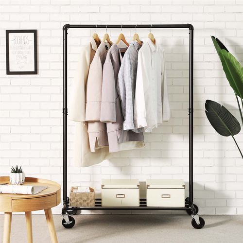 SONGMICS Heavy Duty Metal Clothes Rack on Wheels up to 90kg Industrial Design Coat Stand with 1 Clothes Rail and Shelf for Bedroom Laundry Room Black HSR61BK