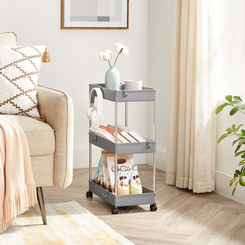 3-Tier Kitchen Trolley Rolling Cart Office SONGMICS Storage Trolley on Wheels Space-Saving for Bathroom Living Room 40 x 22 x 60 cm Grey KSC009G01 