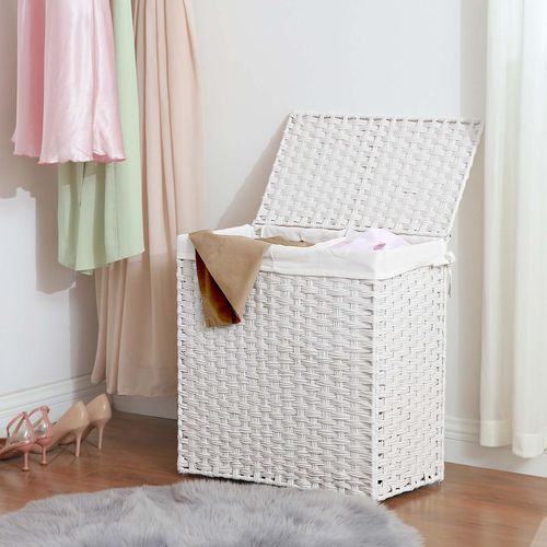 Navy & White Stripe Sea Team 23.6 Large Size Canvas Fabric Laundry Hamper Collapsible Rectangular Storage Basket with Waterproof Coating Inner and Handles 