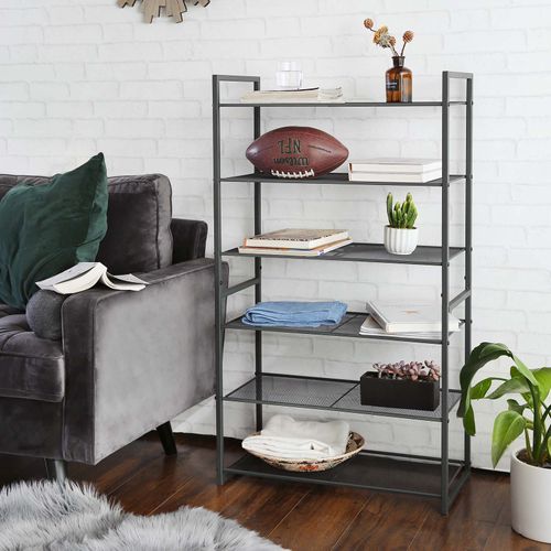 Songmics 6 Tier Shoe Rack Stackable Shoe Organiser 18 24 Pairs Of Shoes Metal Shoe Rack Storage 63 X 30 X 112 Cm L X W X H Smoky Grey Lmr86gc