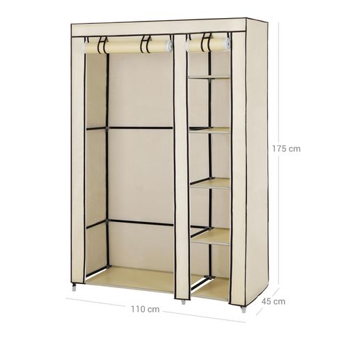LSF007M SONGMICS Double Canvas Wardrobe Clothes Storage Organiser Bedroom Furniture Cupboard with 6 Shelves Hanging Rail Beige 110 x 45 x 175cm W x D x H 