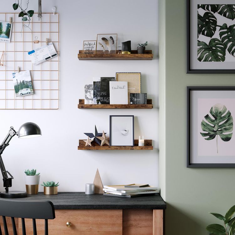 Set of 3 Rustic Brown Wooden Floating Shelves VASAGLE