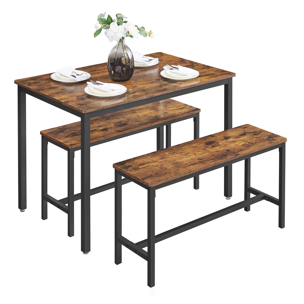 Industrial Dining Table and 2 Benches Set, 110 x 70 cm, Rustic Brown and Black