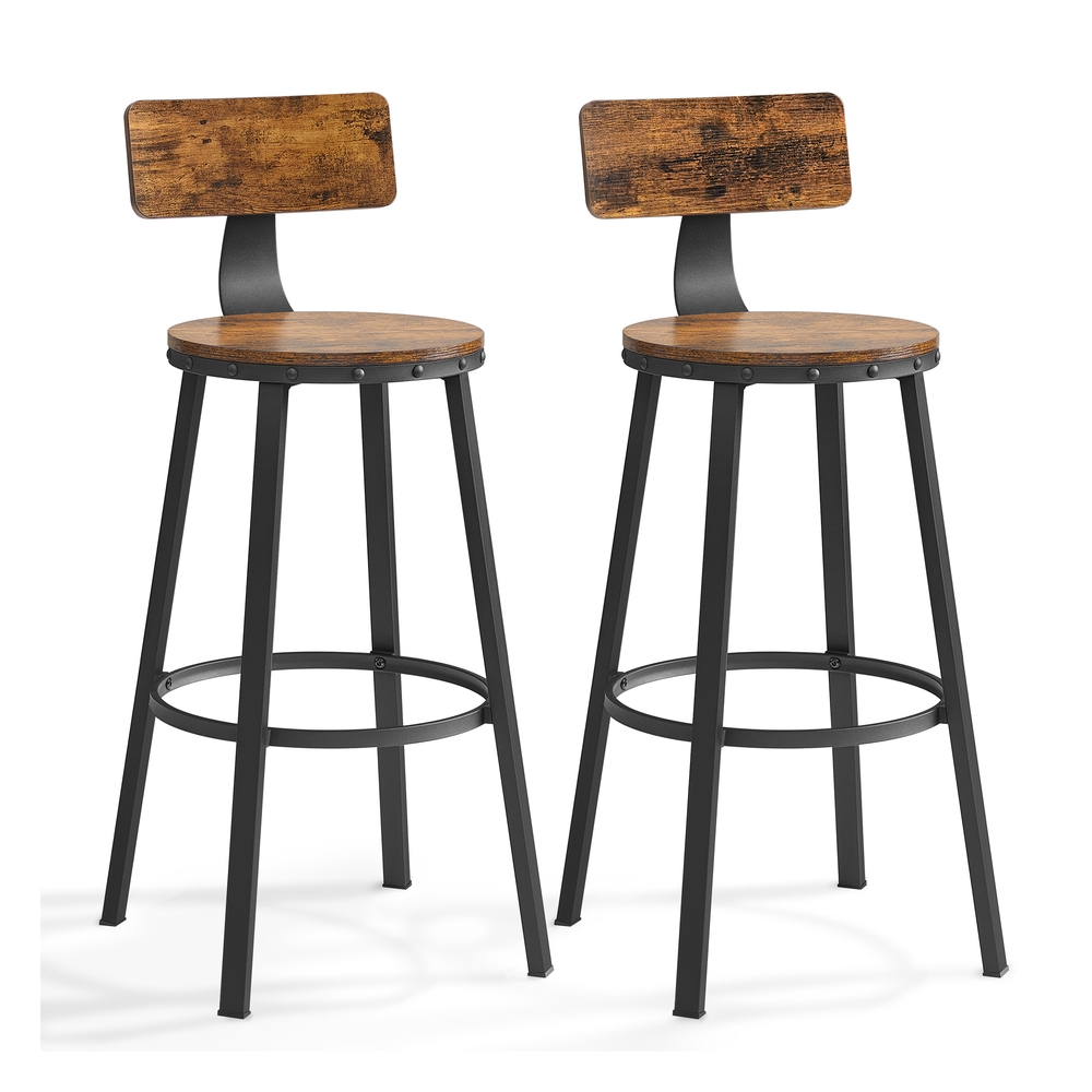 Set of 2 Industrial Brown Bar Stools with Backrests