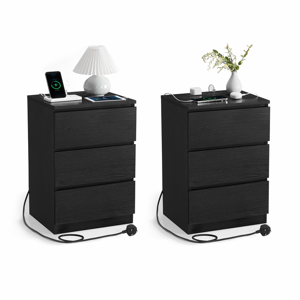 KAILYN Collection Bedside Tables with Power Strip Ebony Black