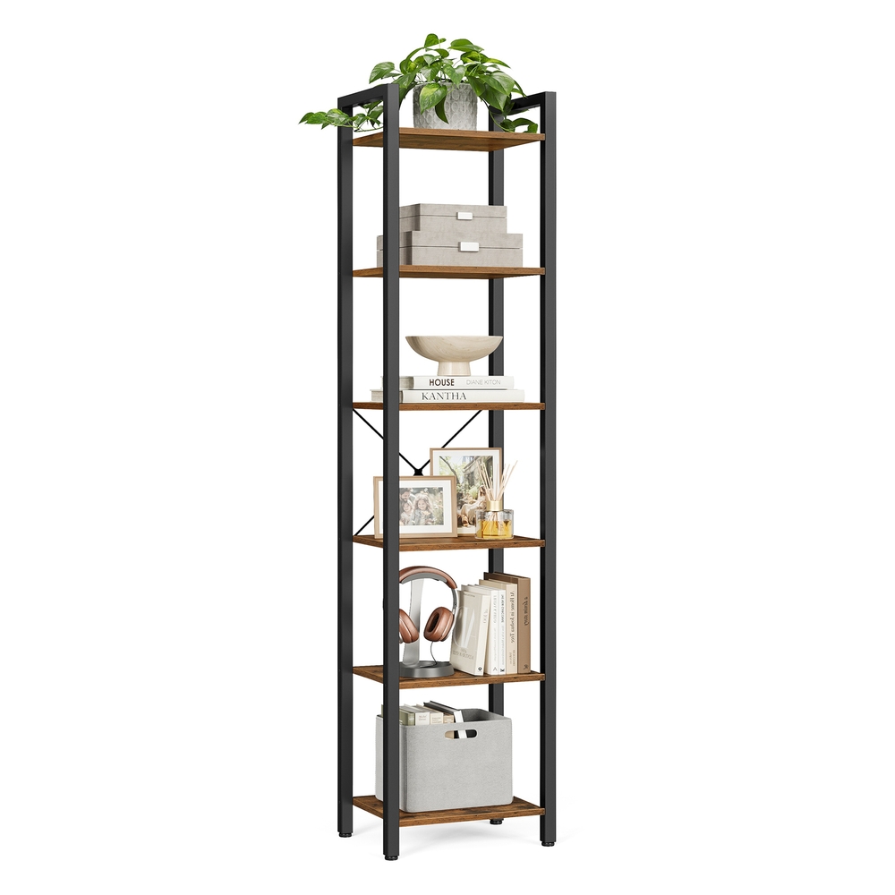 6-Tier Bookshelf, 30 x 40 x 187.5 cm, Rustic Brown and Ink Black