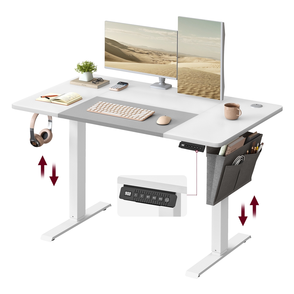 Height Adjustable Desk with 4 Memorable Heights, Classic White + Dove Grey