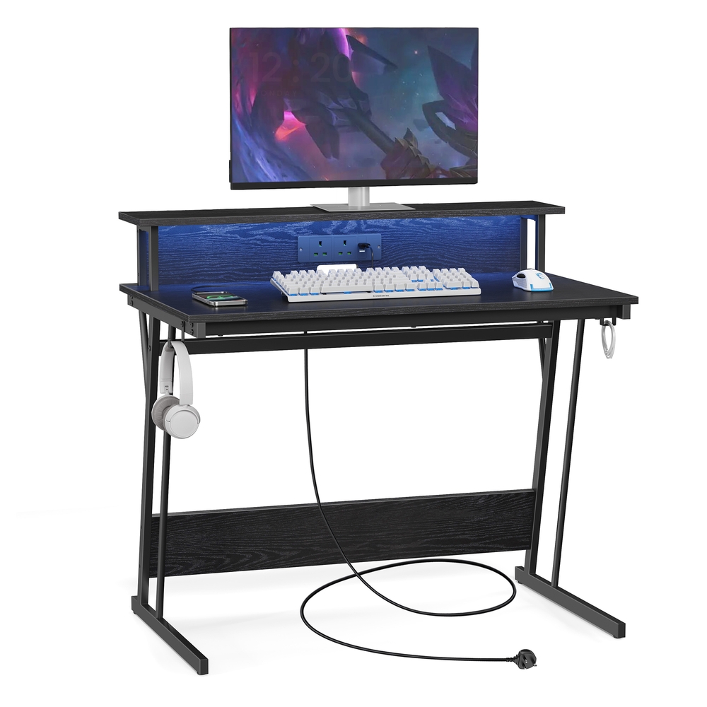 Gaming Desk with LED Lights and Built-In Power Outlets