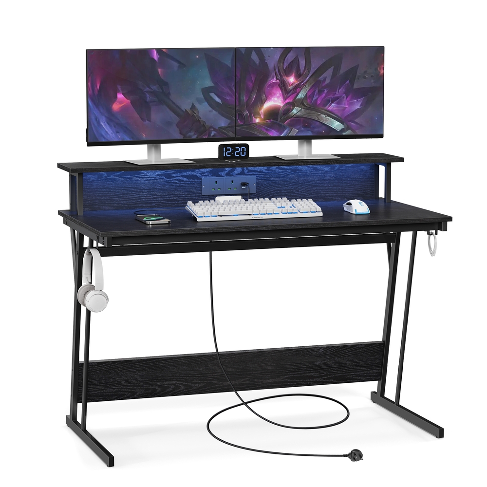 Gaming Desk with LED Lights and Built-In Power Outlets
