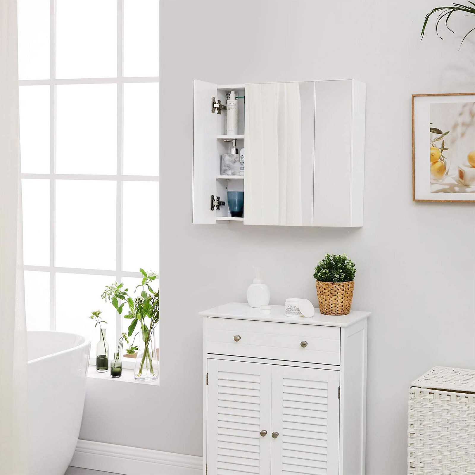 White Wallmounted Storage with 3 Mirrors VASAGLE