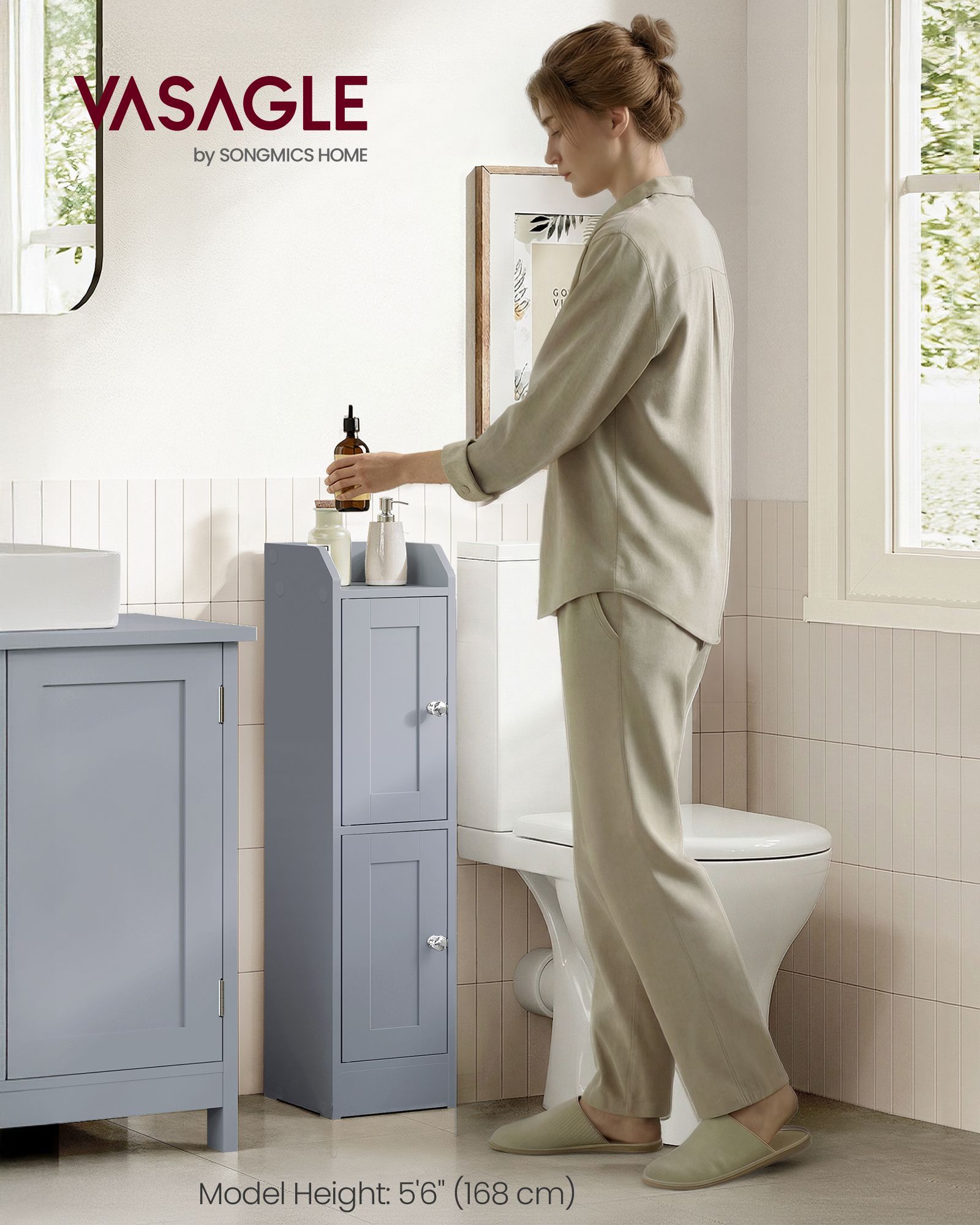 Slim bathroom cabinet with adjustable shelves and reversible doors dove grey