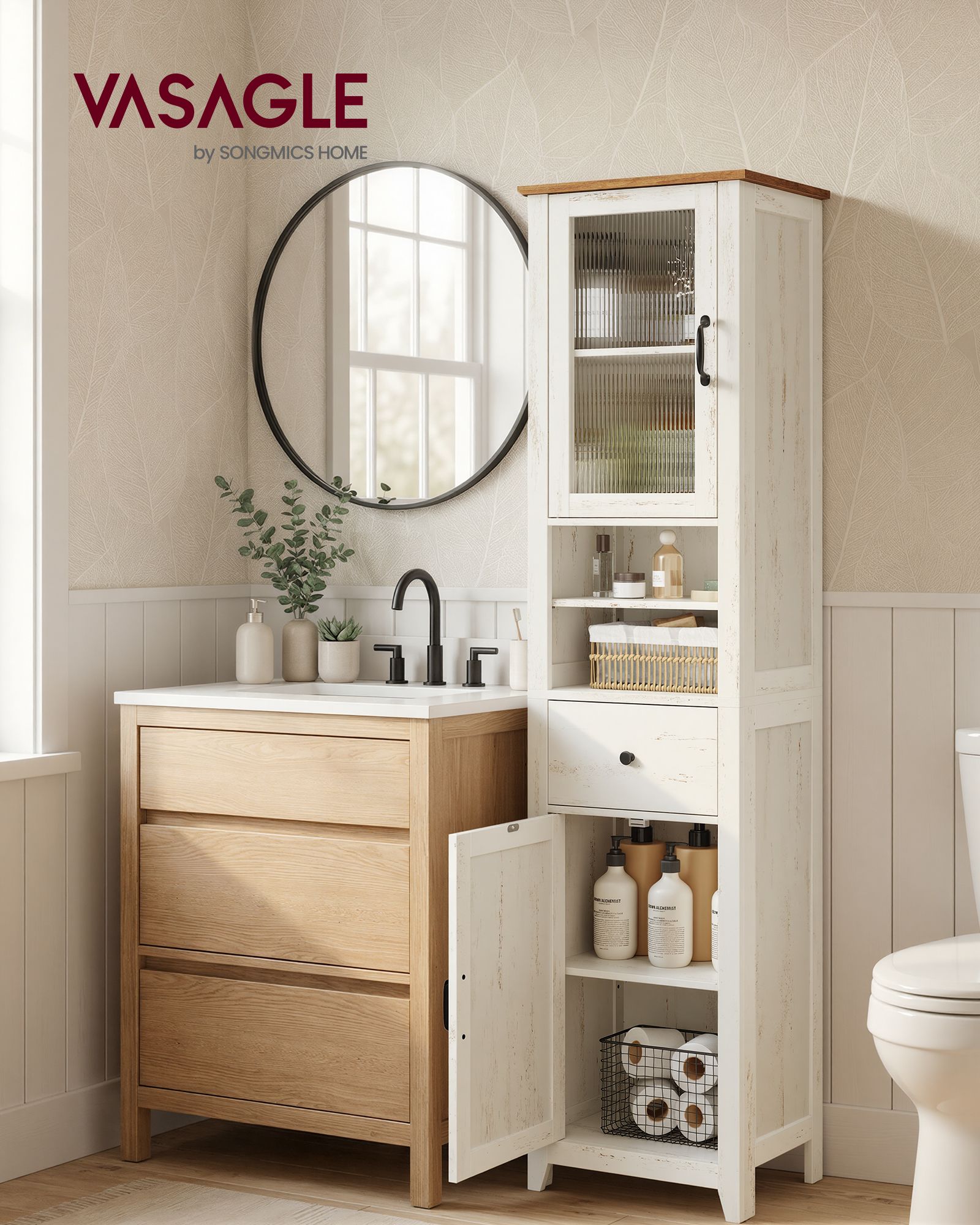 Vintage white and honey brown tall bathroom cabinet with open compartments drawer and doors