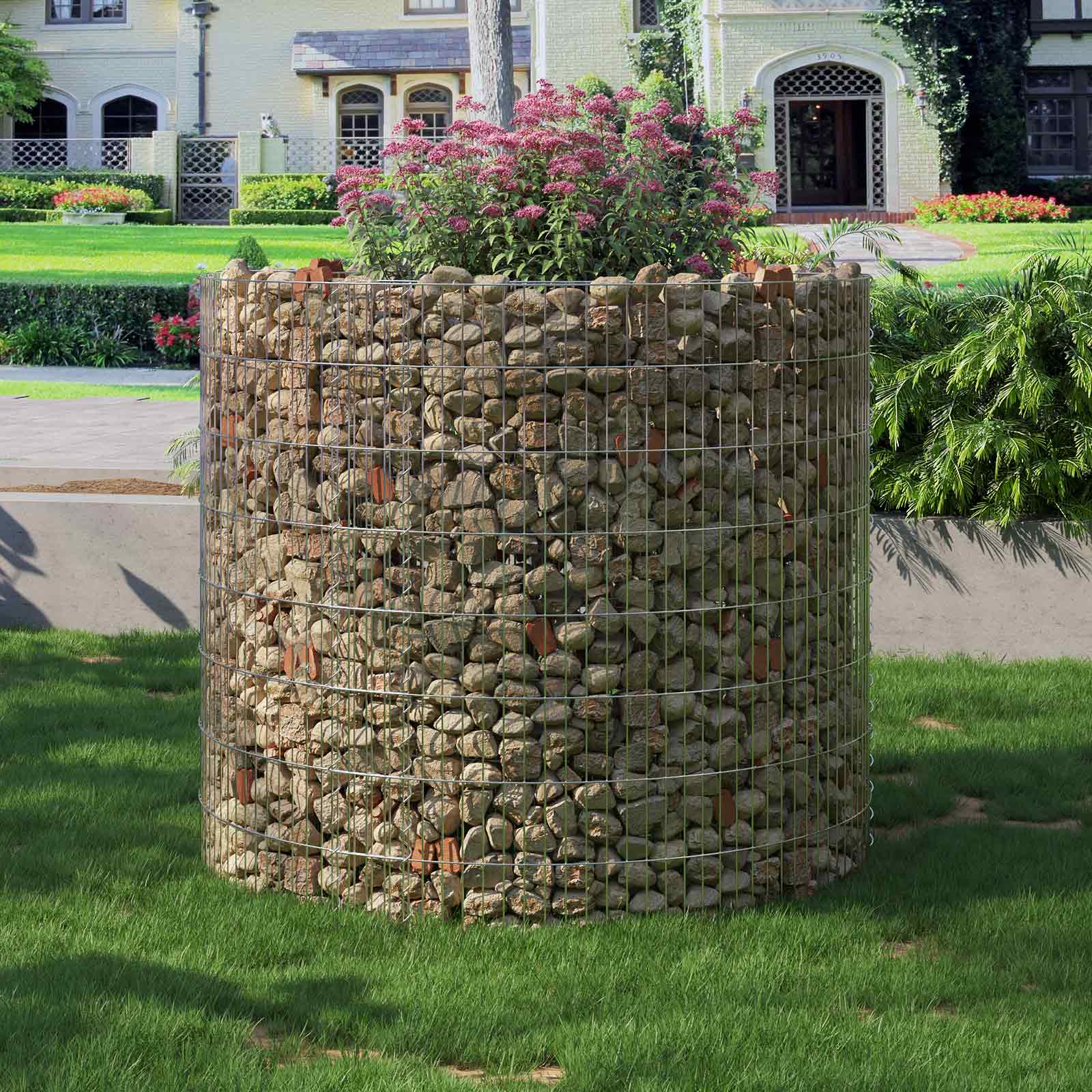 Silver Metal Round Tall Gabion Planter, 90 x 80 cm (Dia. x H)