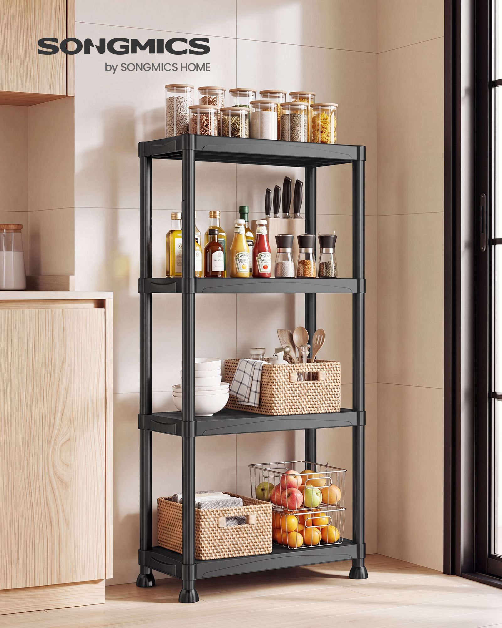Black four tier plastic storage shelving unit