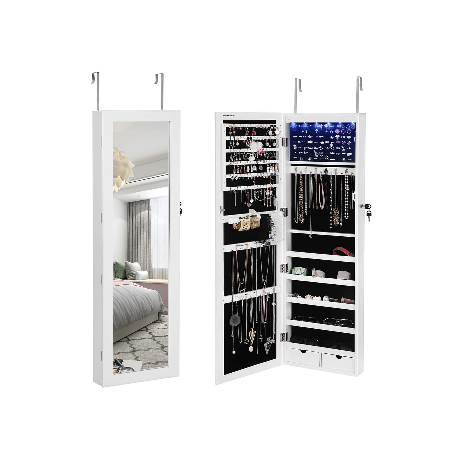 Sturdy and Stylish Lockable Wall Door- Mounted Jewellery Organiser with 2 Drawers Gift Idea White JBC93W SONGMICS LED Jewellery Cabinet Mirrored Jewellery Armoire 