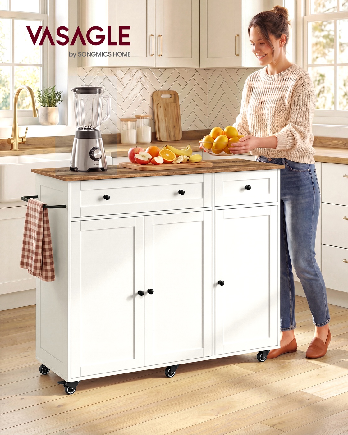 Kitchen island trolley with 3 doors drawers and towel rack white and brown Kitchen island trolley with 3 doors drawers and towel rack white and brown