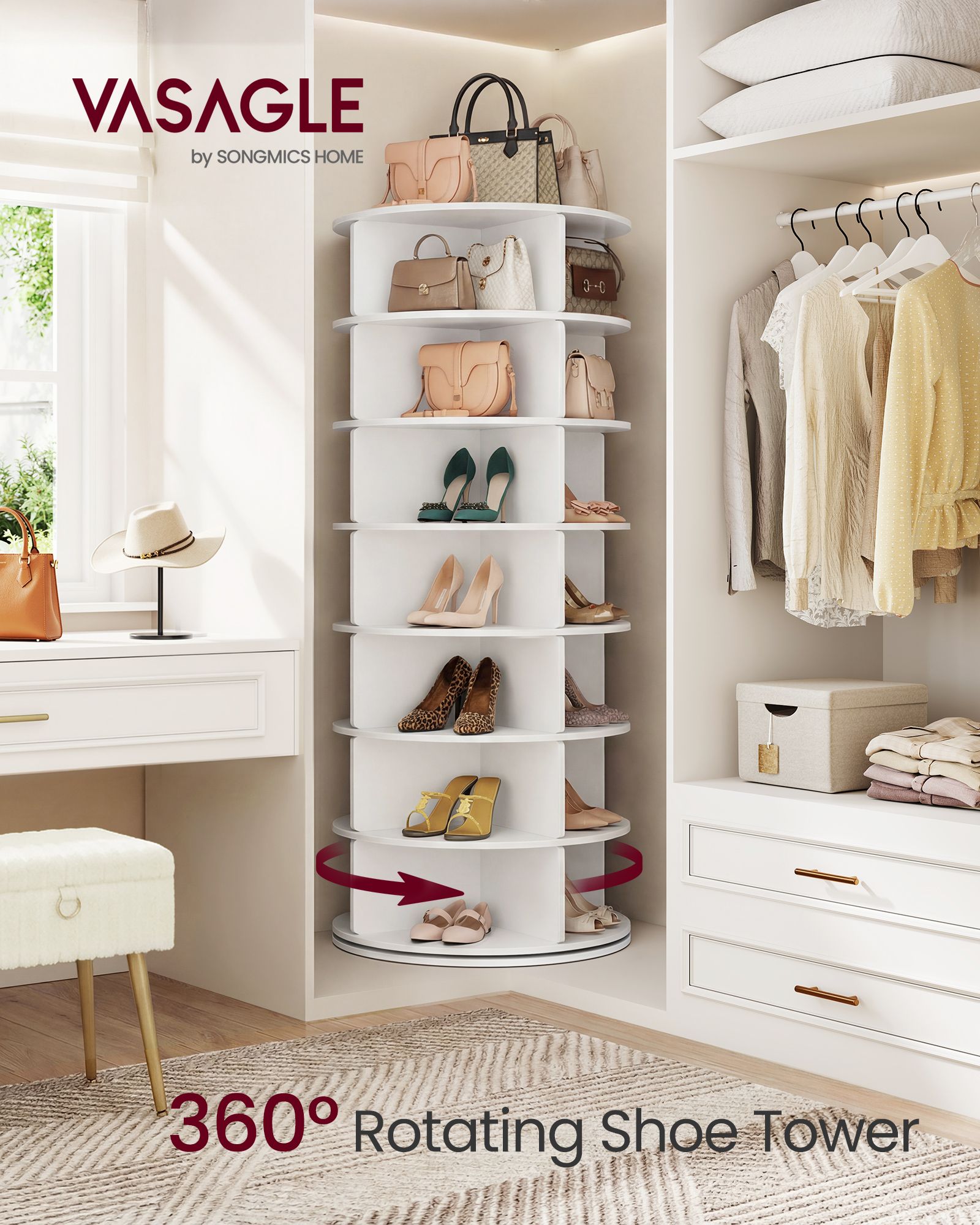 White seven tier rotating PVC shoe rack for 28 pairs