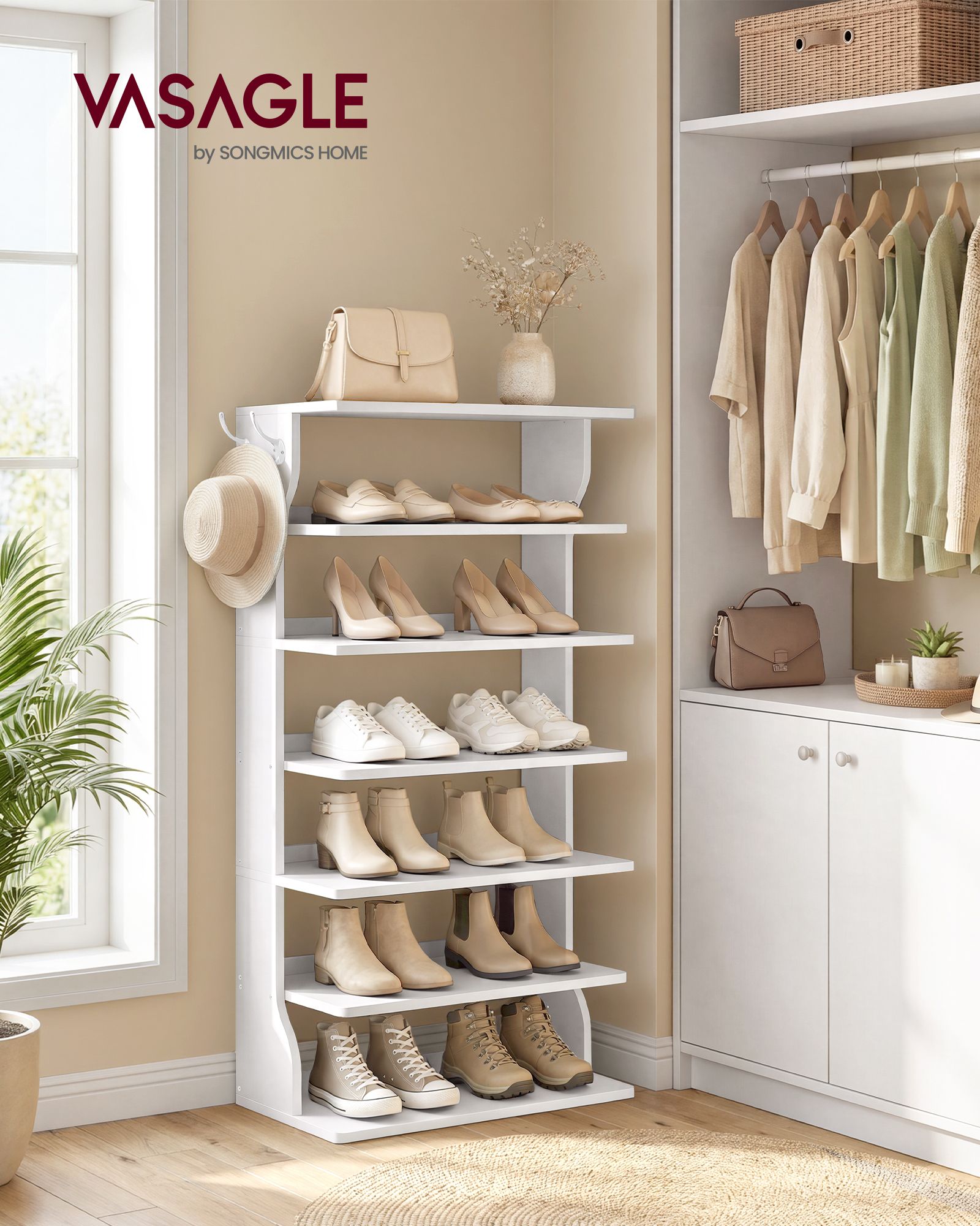 Cloud white seven tier slim shoe rack for small spaces