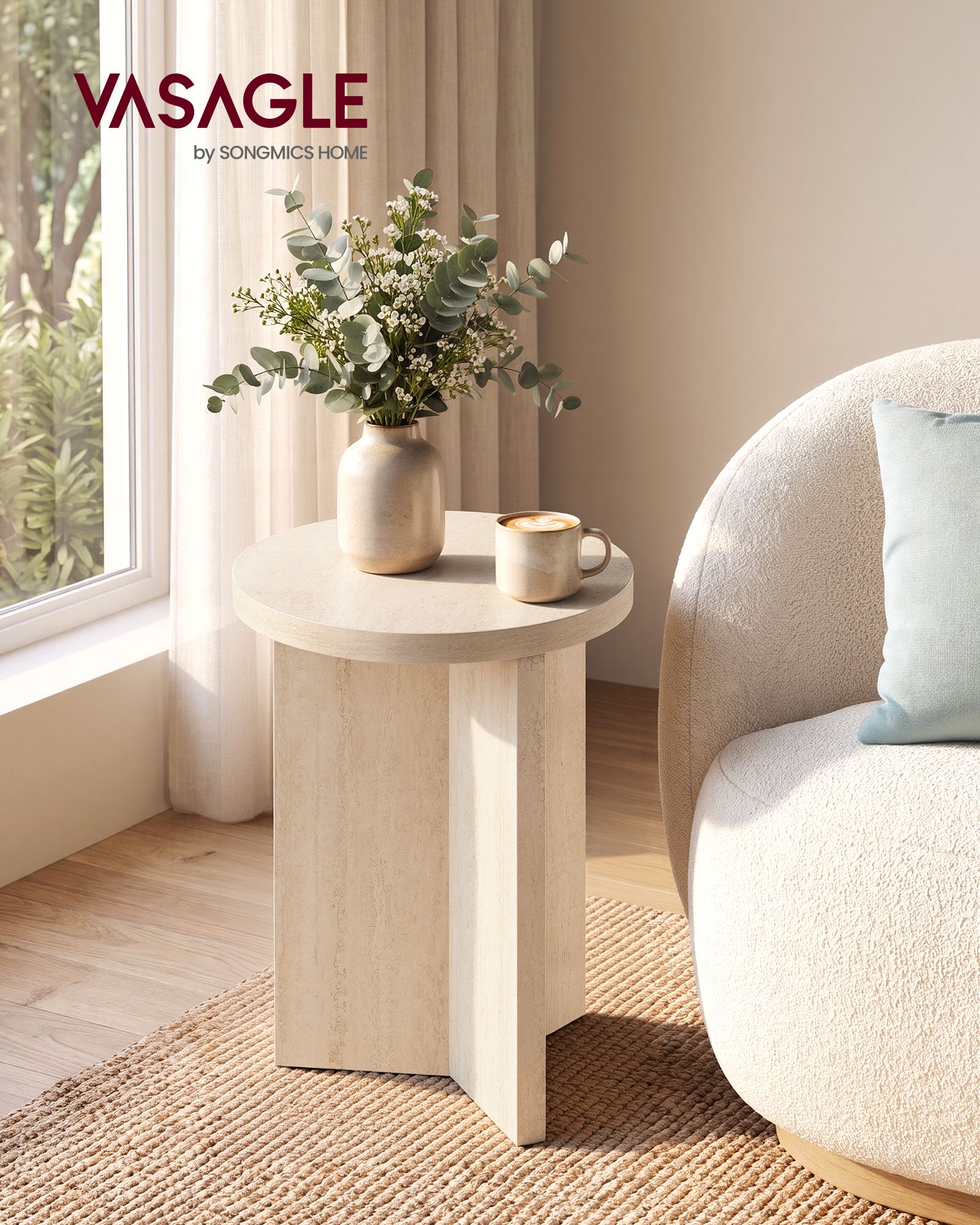 Travertine beige small round side table with Y shaped base Travertine beige small round side table with Y shaped base