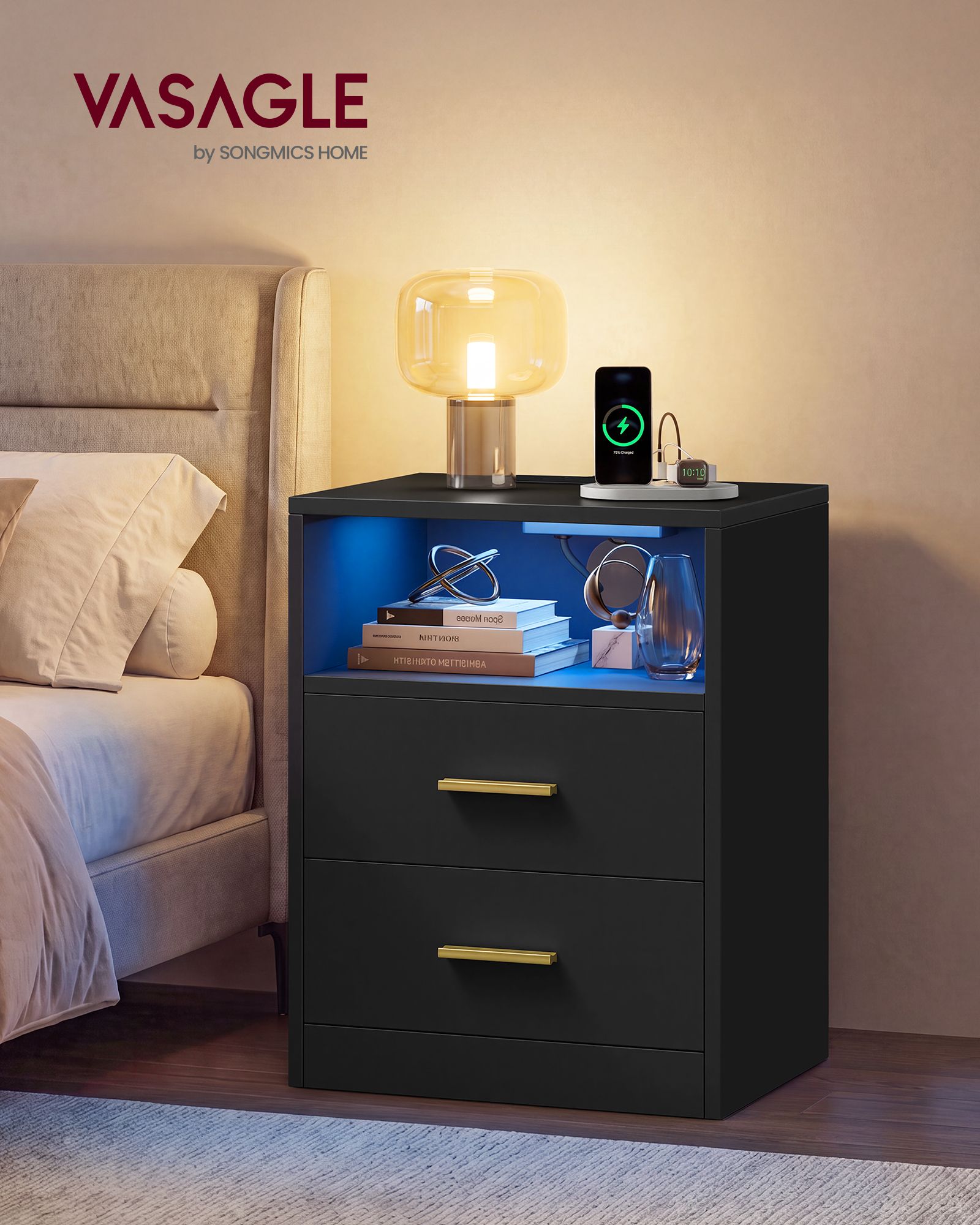 Ink Black LED Bedside Table with Charging and Drawers Ink Black LED Bedside Table with Charging and Drawers