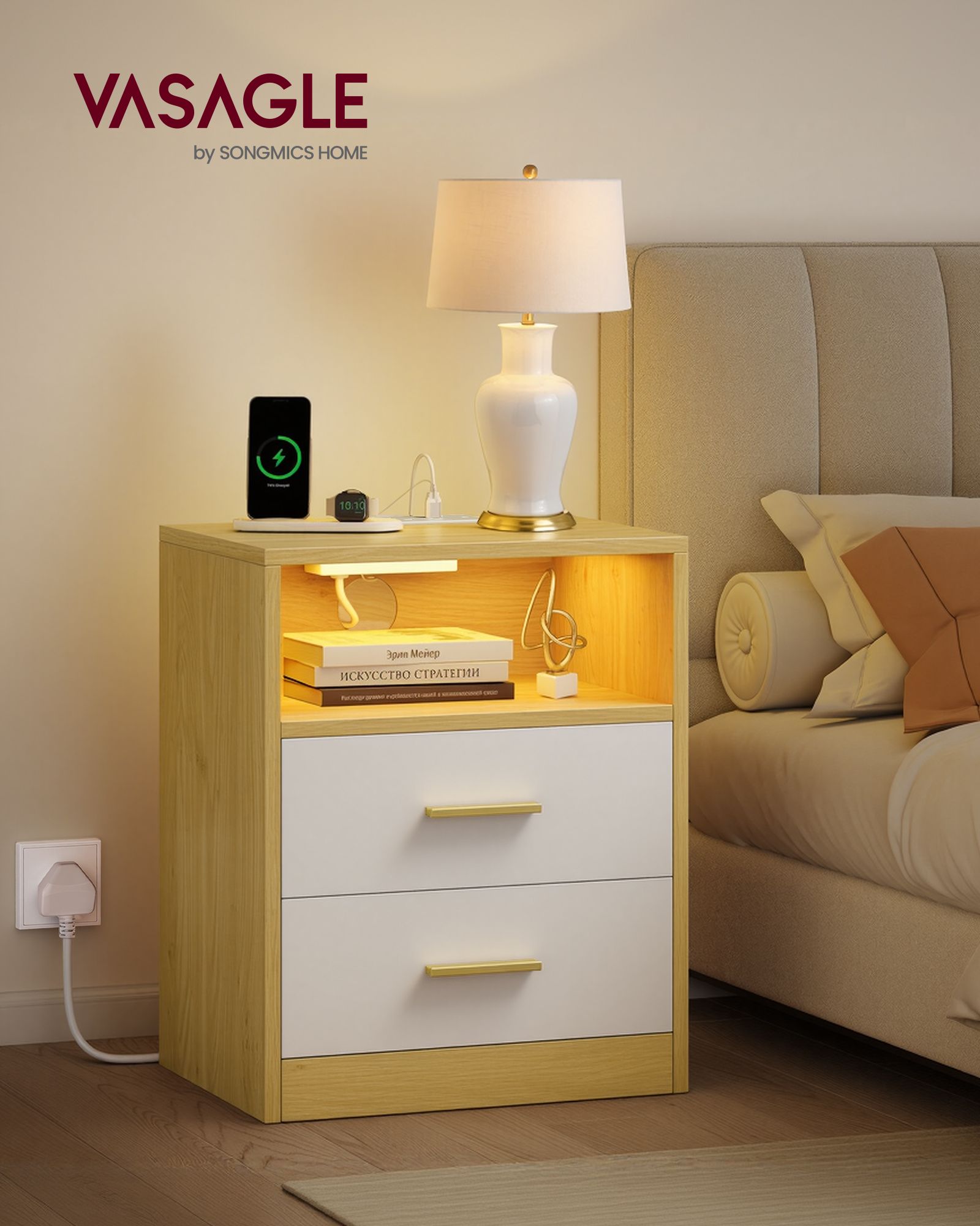 Natural Oak and Cloud White Bedside Table with LED Charging