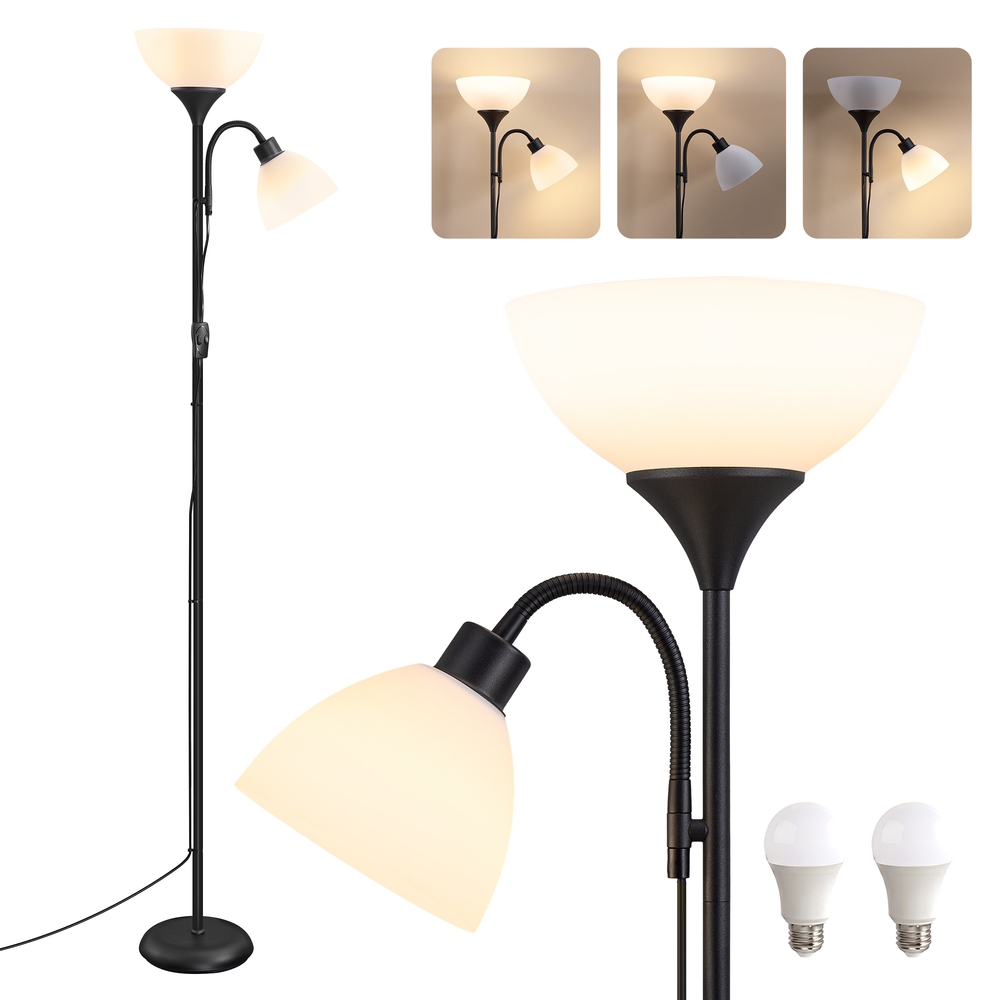 Uplighter Floor Lamp with Reading Light and LED Bulbs Black