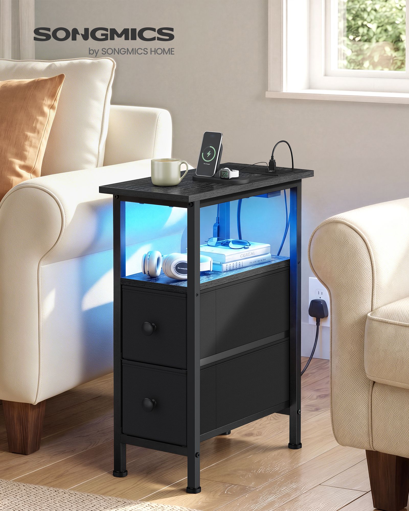 Side table with charging station 2 drawers and LED lighting ink black