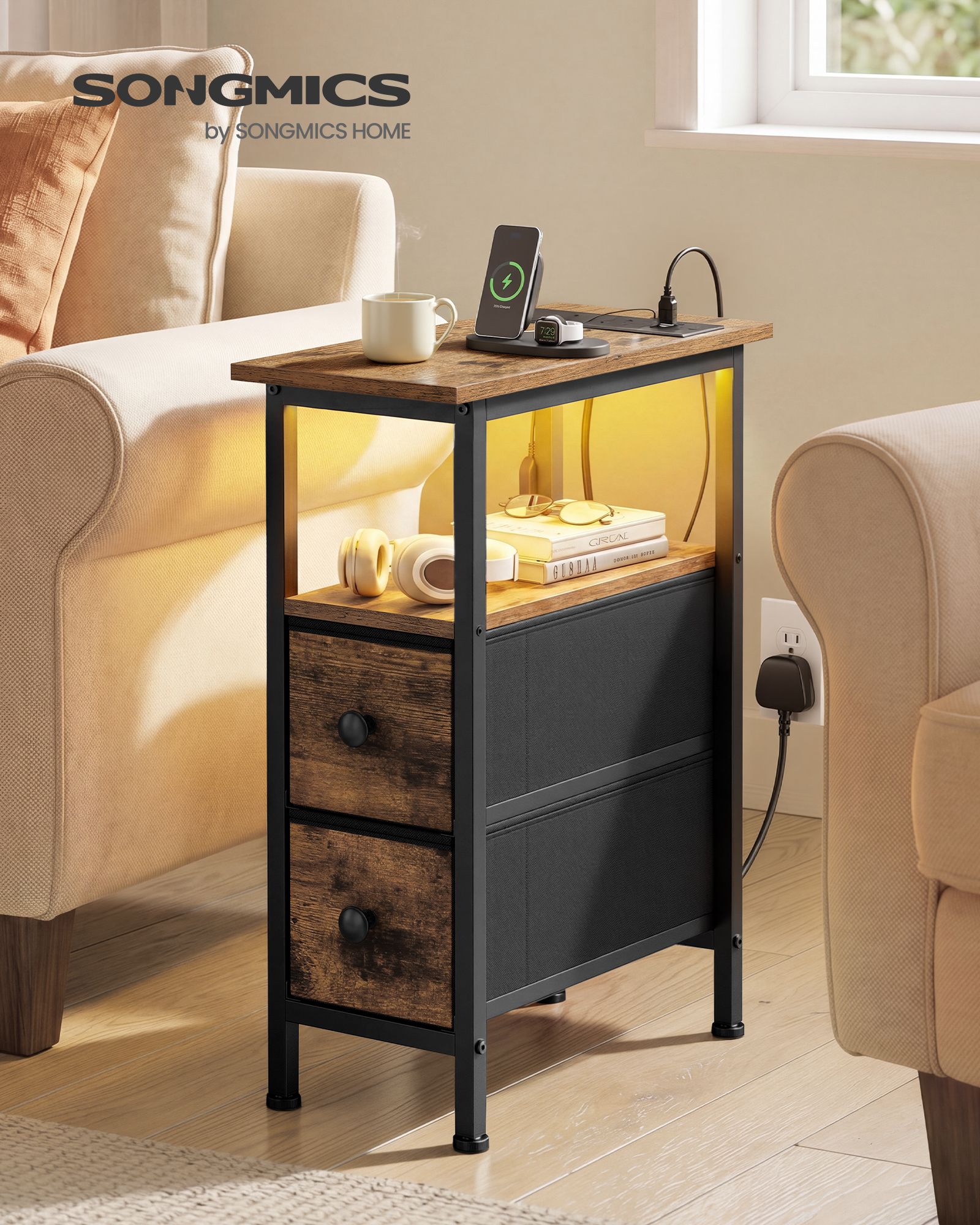 Side table charging station drawers LED lights rustic brown Side table charging station drawers LED lights rustic brown