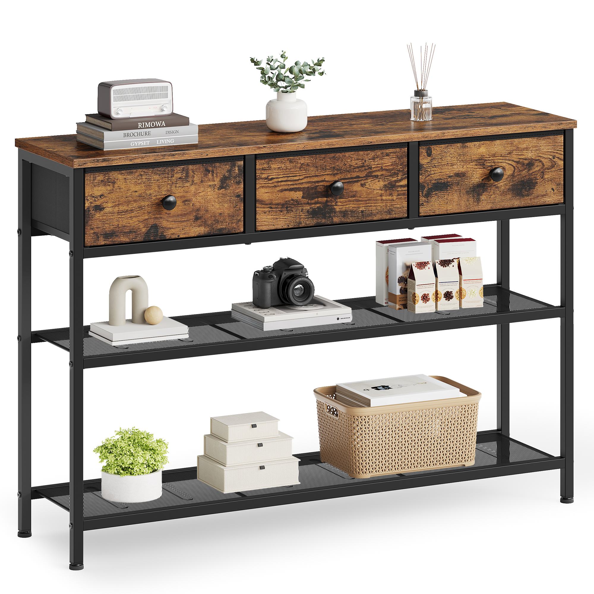Narrow Console Table with Fabric Drawers Rustic Brown