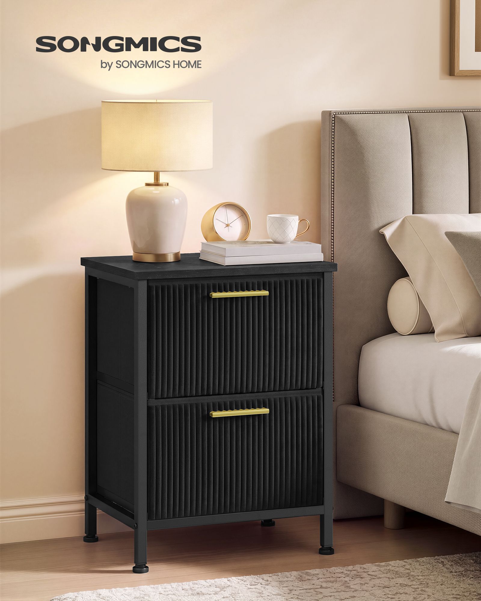 Black corduroy bedside table with 2 drawers steel frame