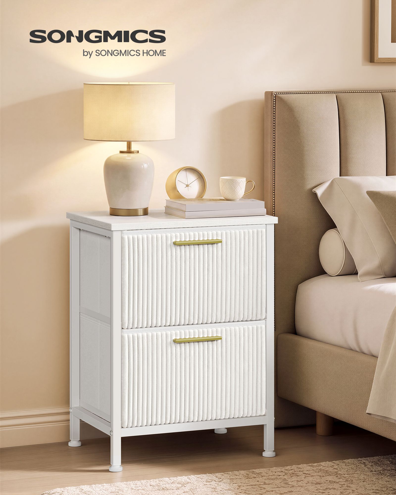 Snow white corduroy bedside table with 2 drawers steel frame