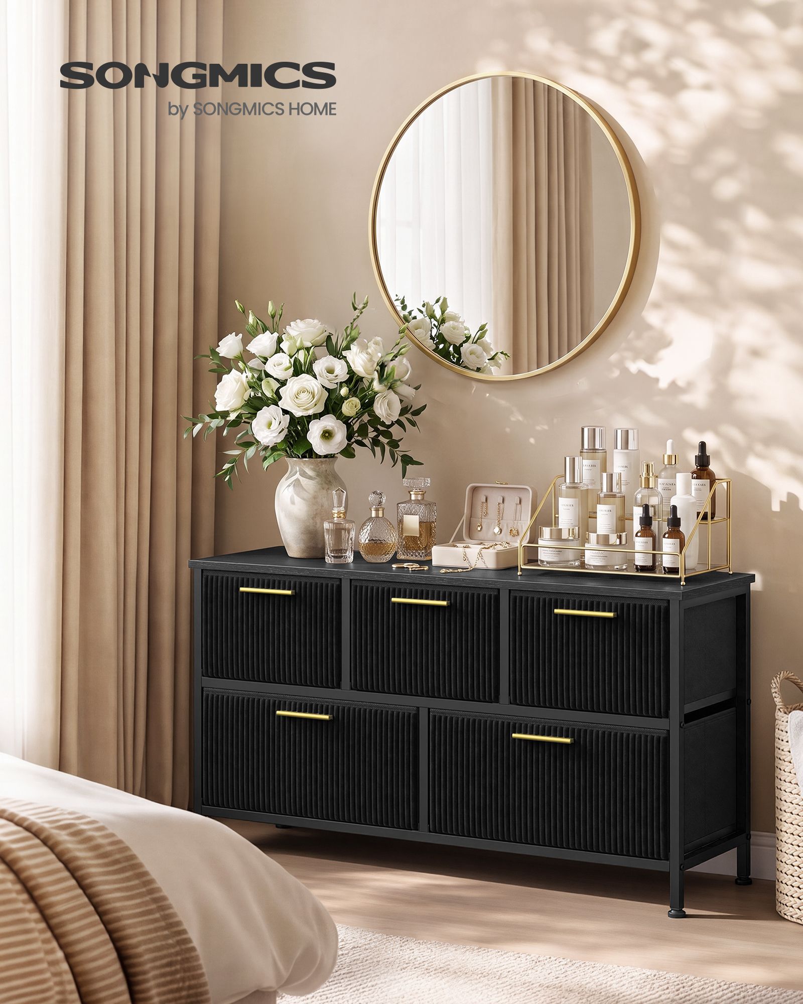 Black corduroy drawer chest with 5 drawers and anti tip kit