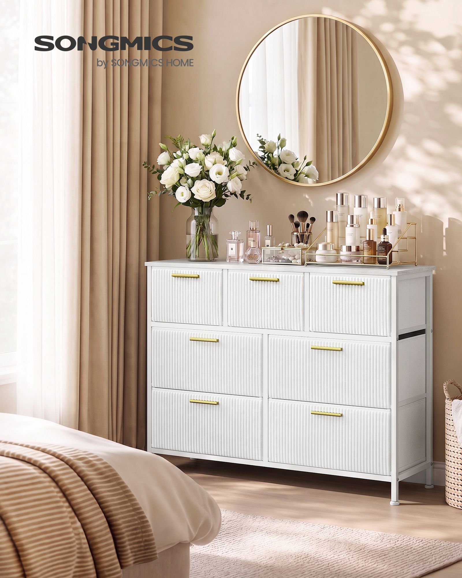 Snow white corduroy chest with 7 drawers and anti tip kit