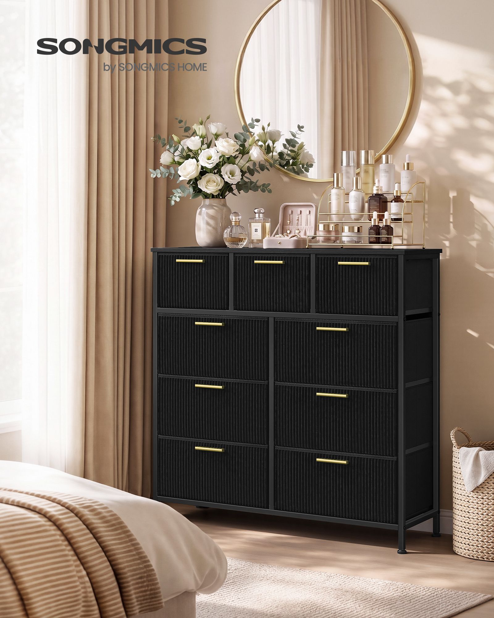 Black corduroy chest with nine drawers and anti tip kit