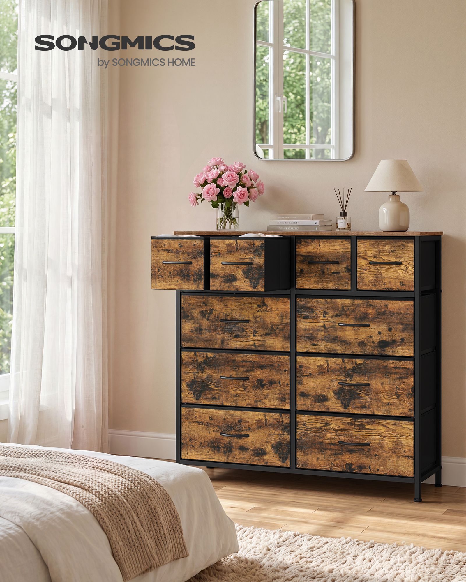 Rustic Brown Ten Drawer Storage Unit with Wooden Top