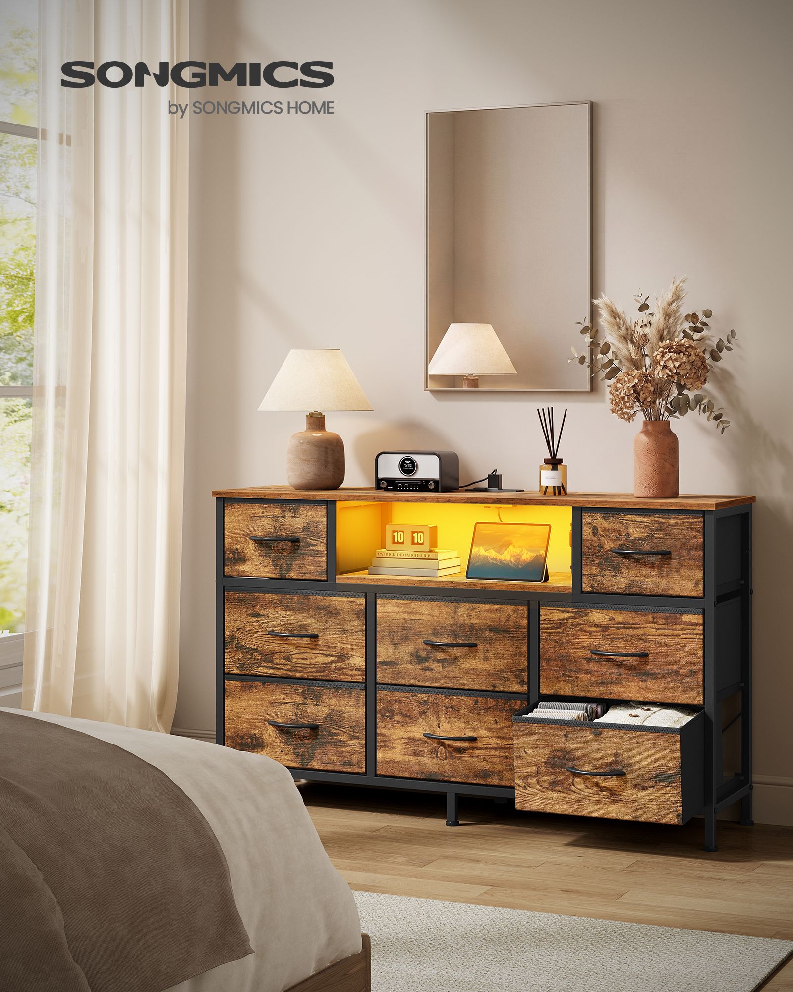 Rustic Brown Eight Drawer Fabric Storage Cabinet with LED Charging