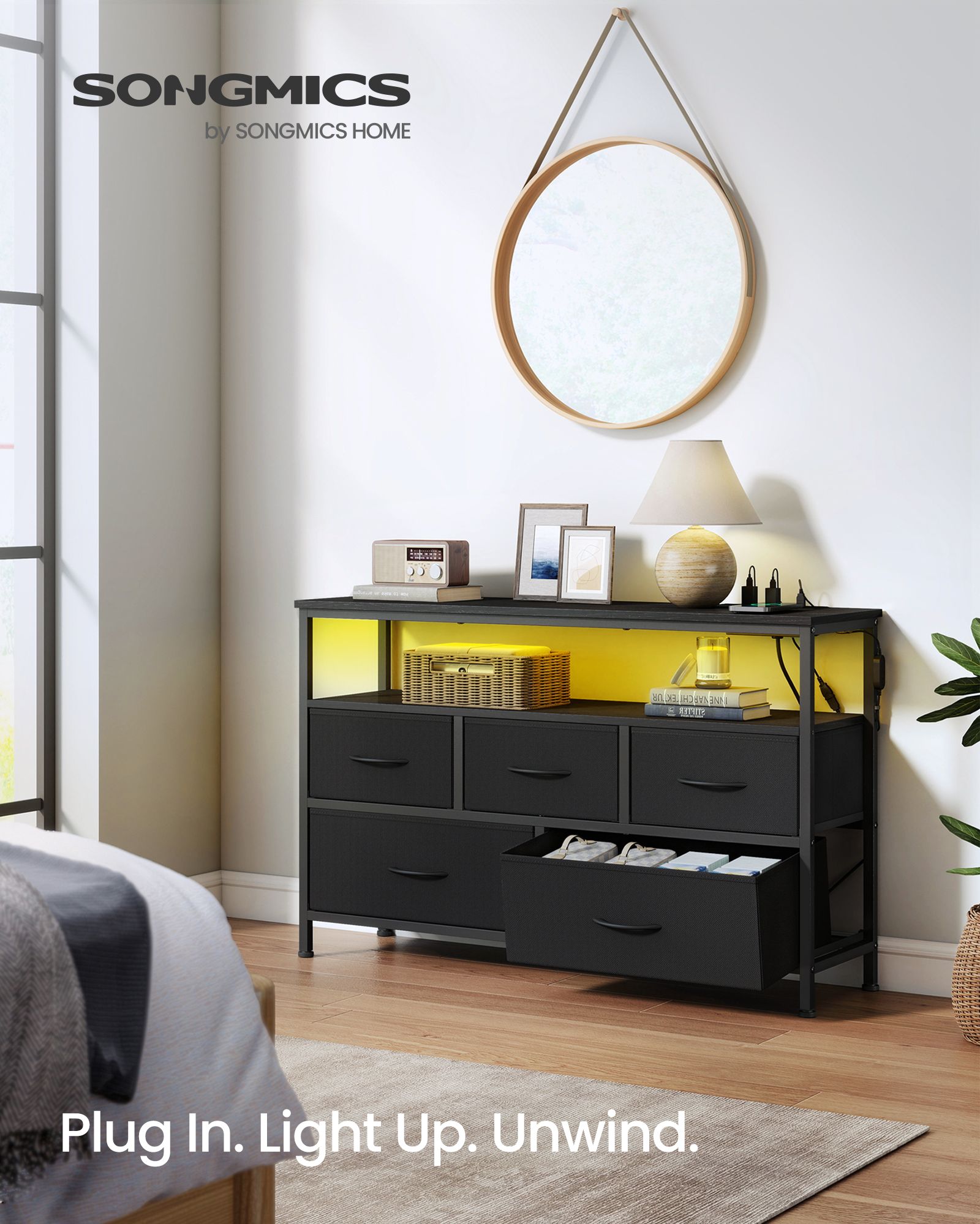 Ink Black Five Drawer Fabric Cabinet with LED Charging