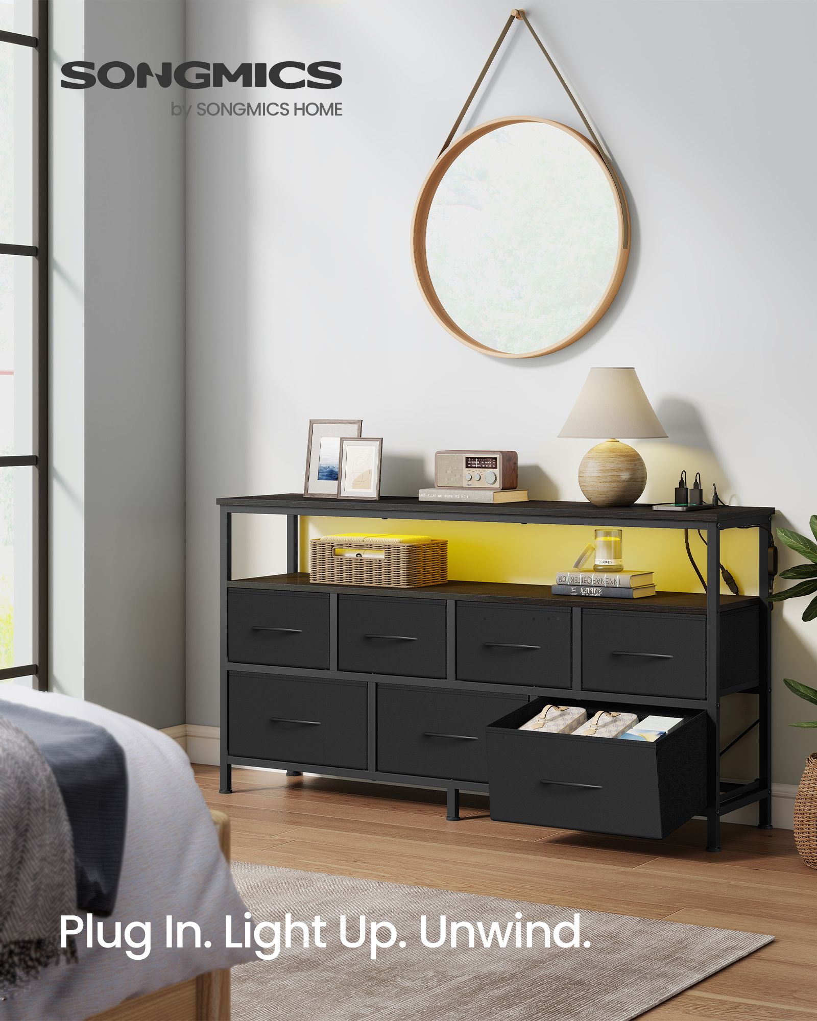 Ink Black Seven Drawer Fabric Cabinet with LED Charging