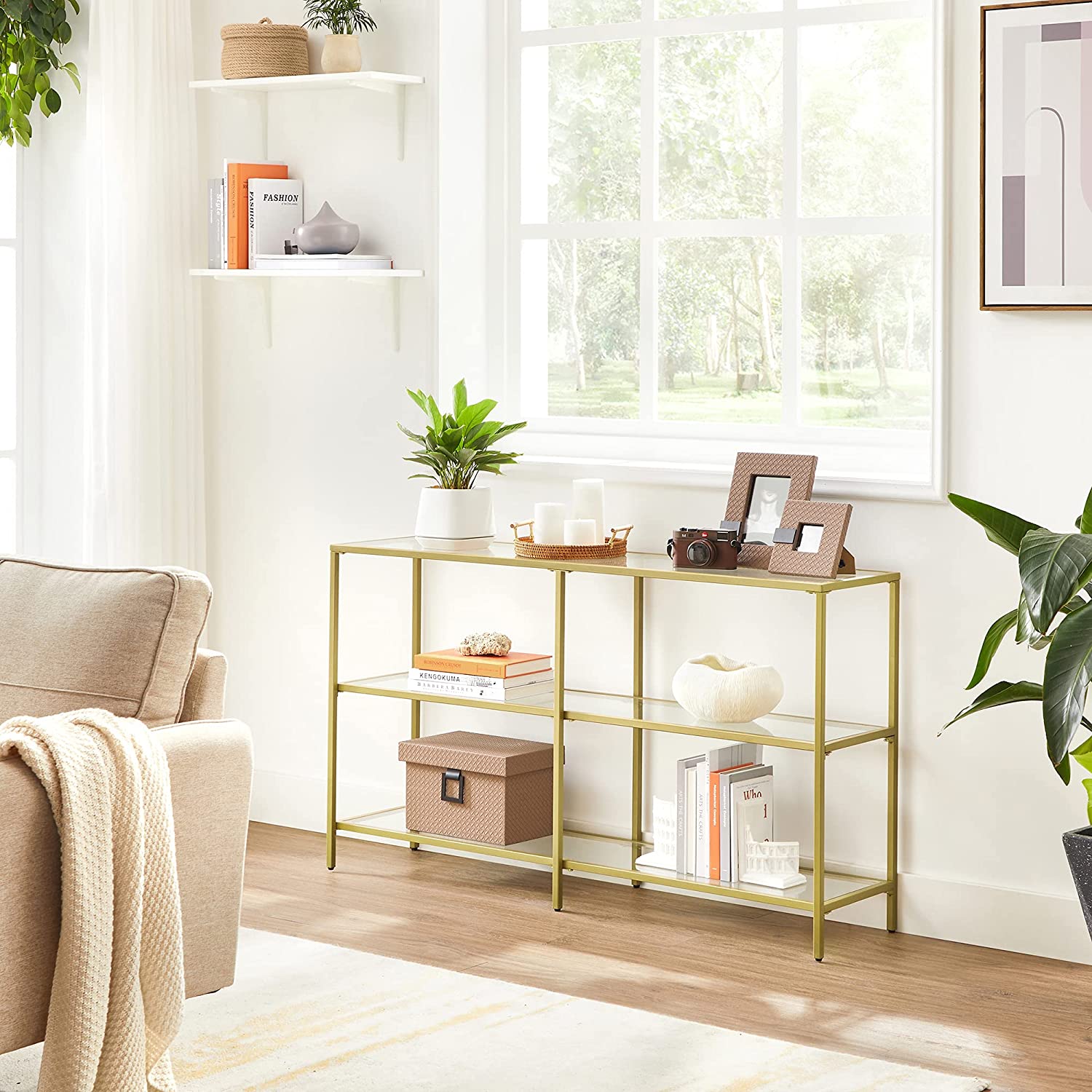 Gold Color 3tier Glass Console Sofa Table VASAGLE