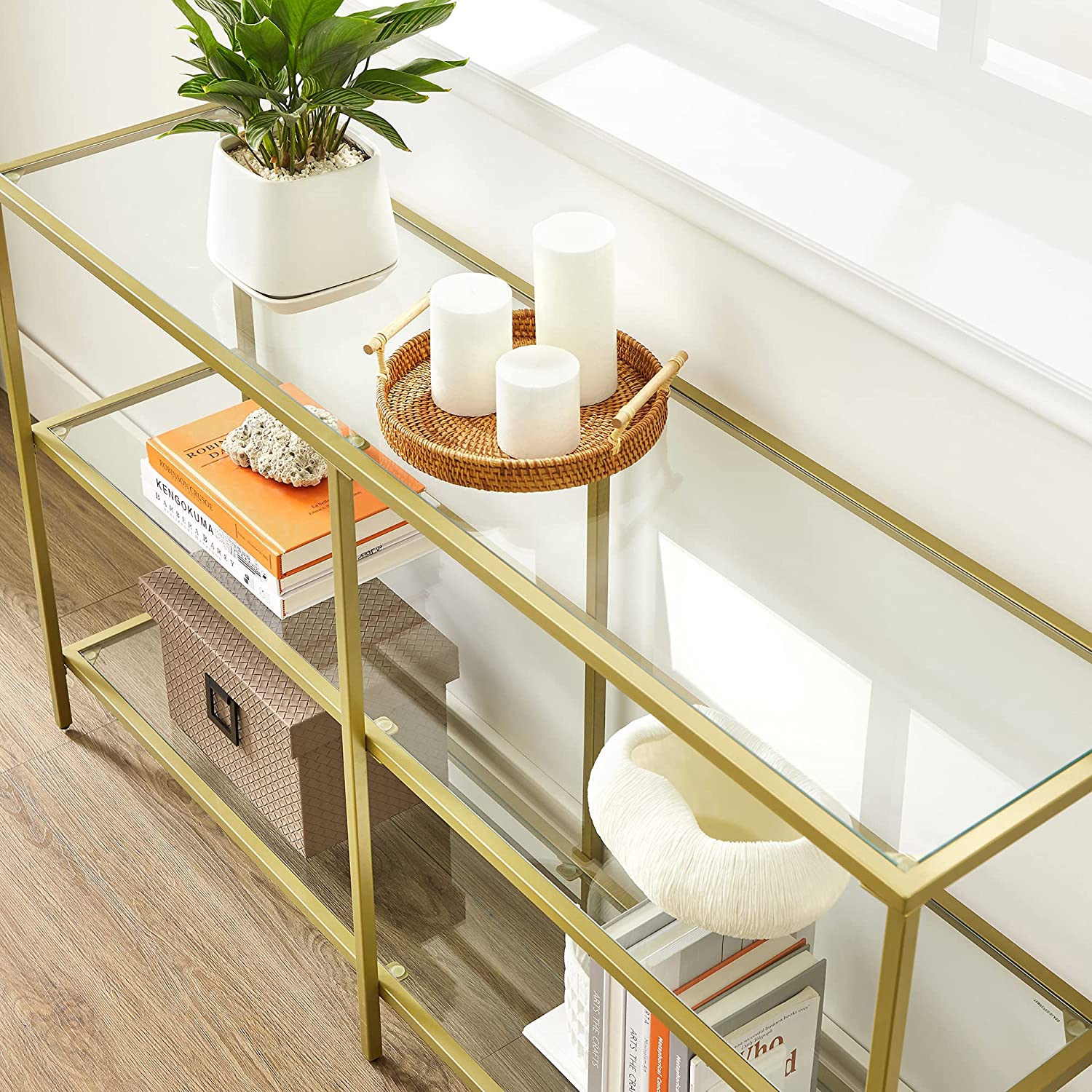 Gold Color 3tier Glass Console Sofa Table VASAGLE