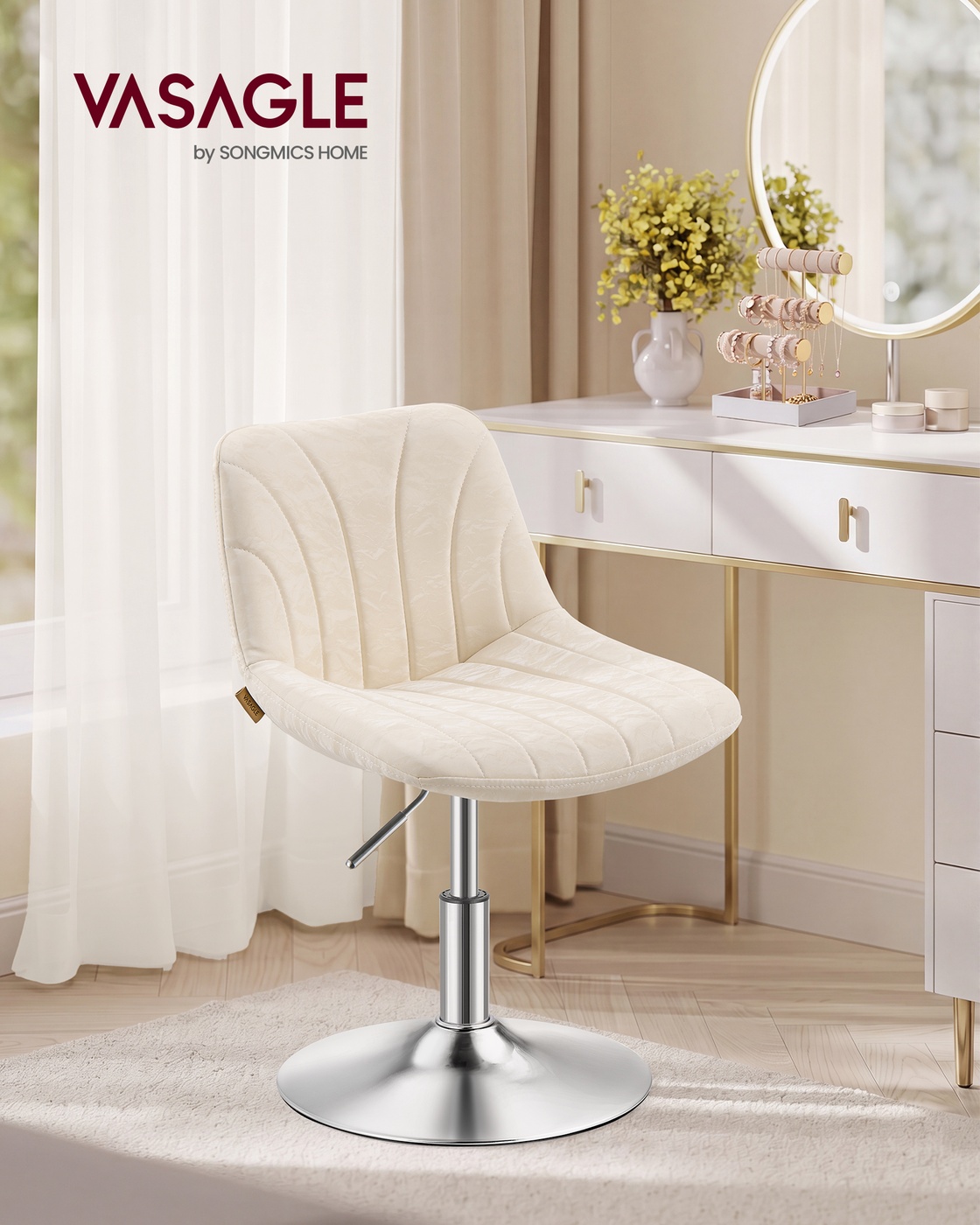 White and silver height-adjustable swivel vanity stool with backrest