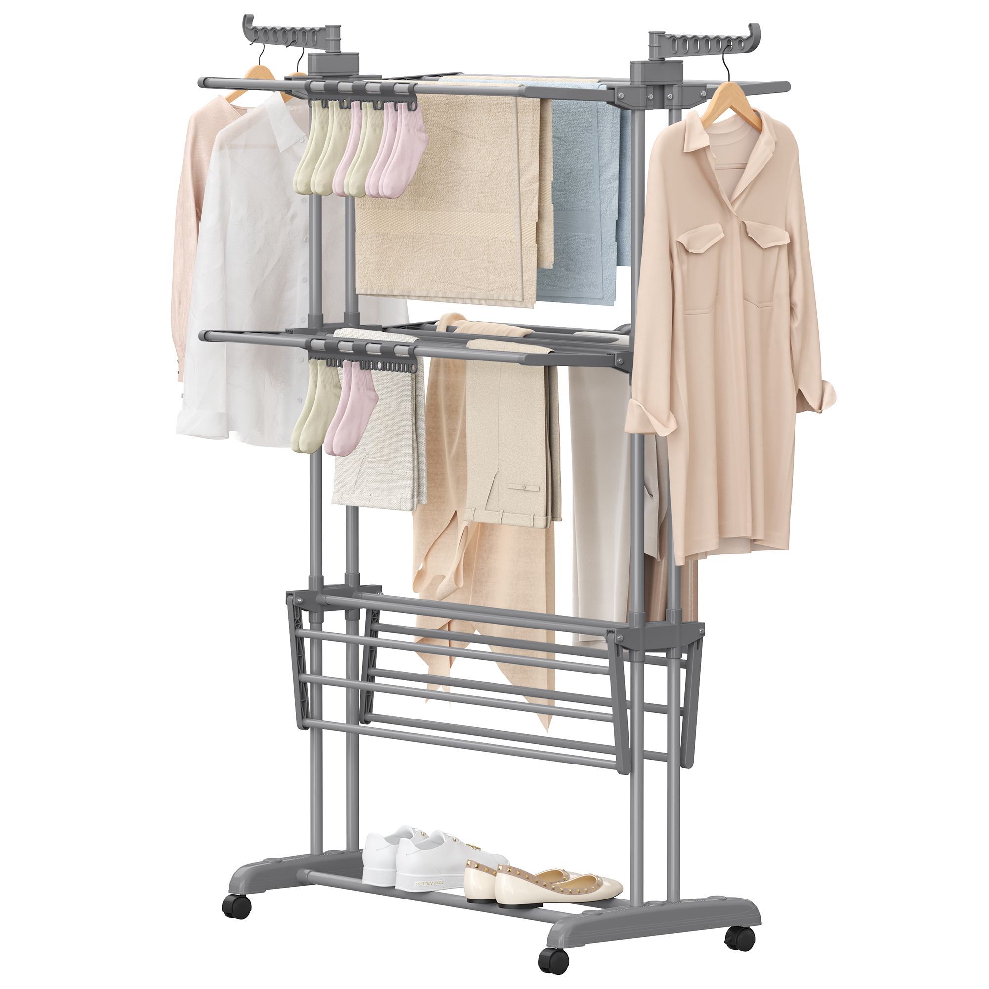 Foldable Clothes Airer with Wheels, 63.5 x 128 x 173 cm, Grey Foldable Clothes Airer with Wheels, 63.5 x 128 x 173 cm, Grey