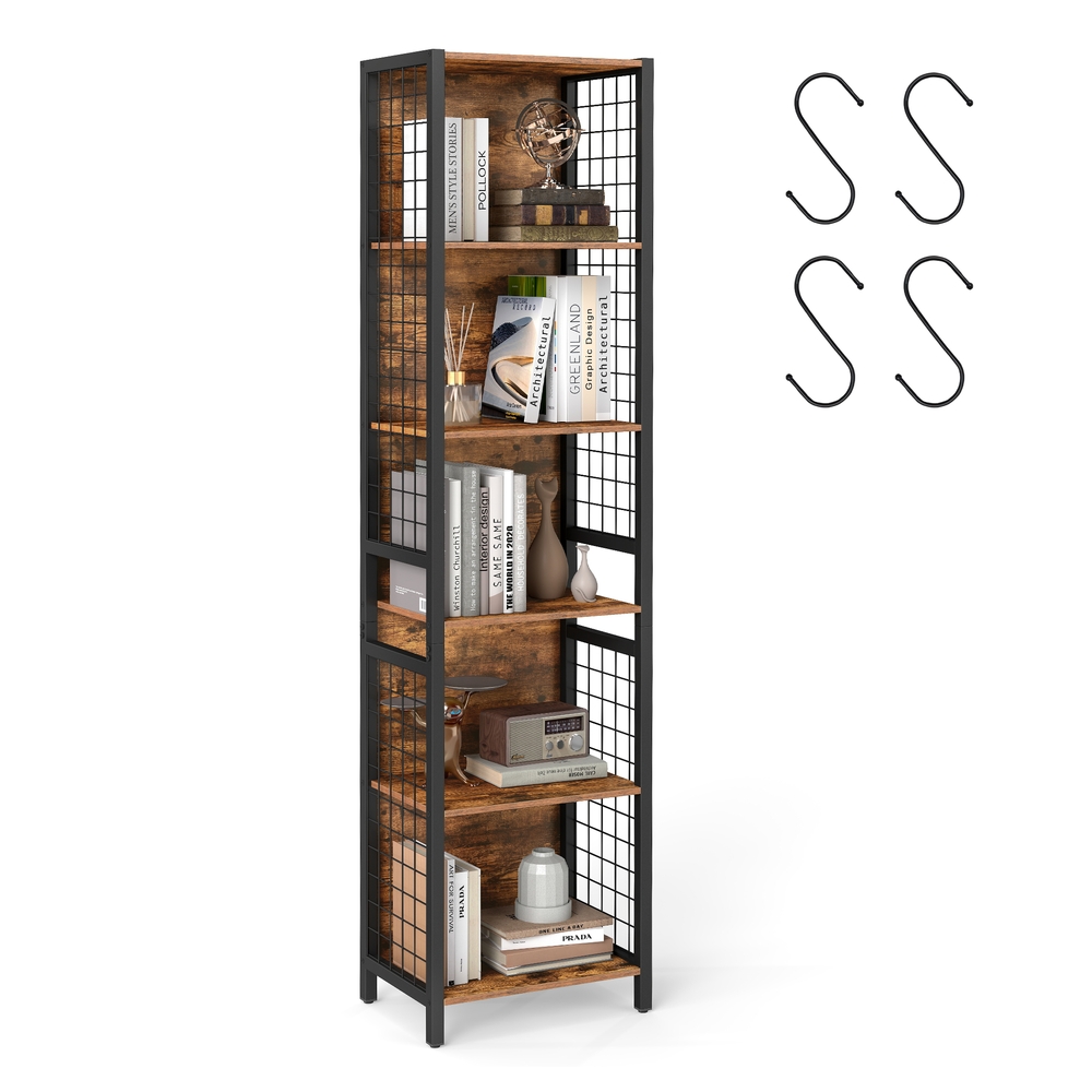 Bookcase with hooks and multiple shelves for office or living room