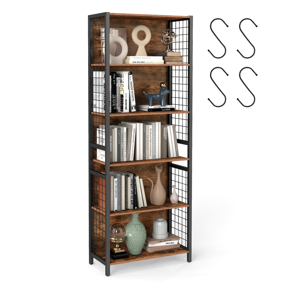 Bookcase with hooks and multiple shelves