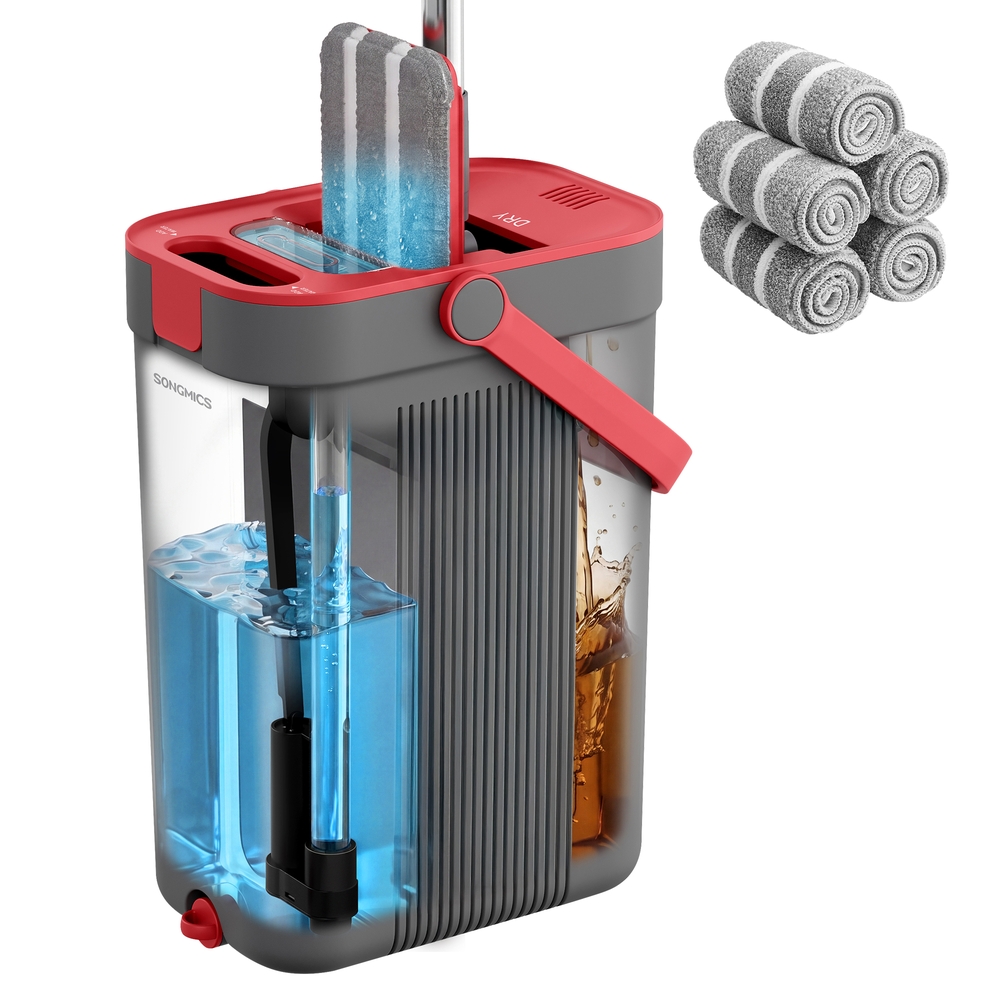 Flat Mop and Three Chamber Wringer Bucket Set Grey Red