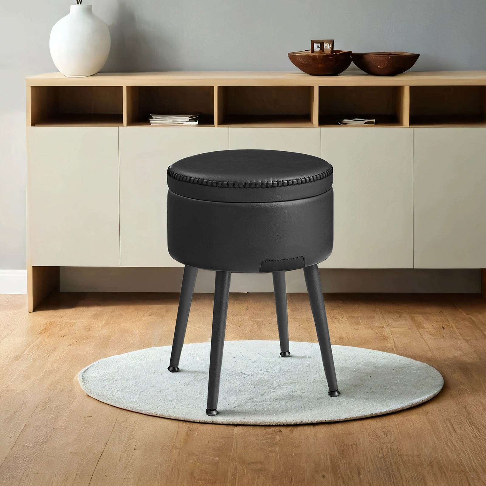 Dressing Table Stool, Storage Ottoman, Synthetic Leather