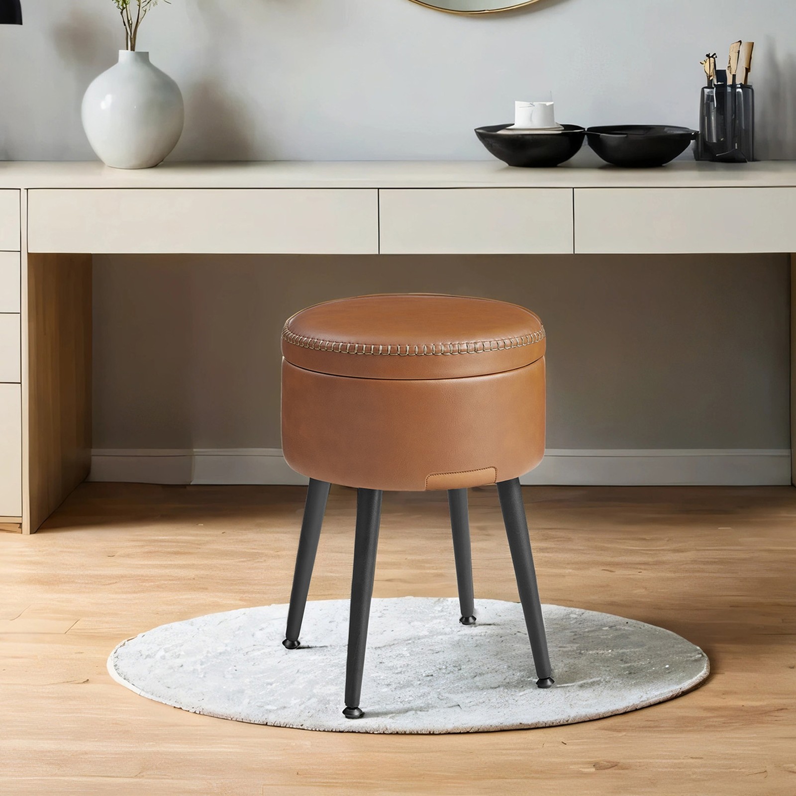 Dressing Table Stool, Storage Ottoman, Synthetic Leather