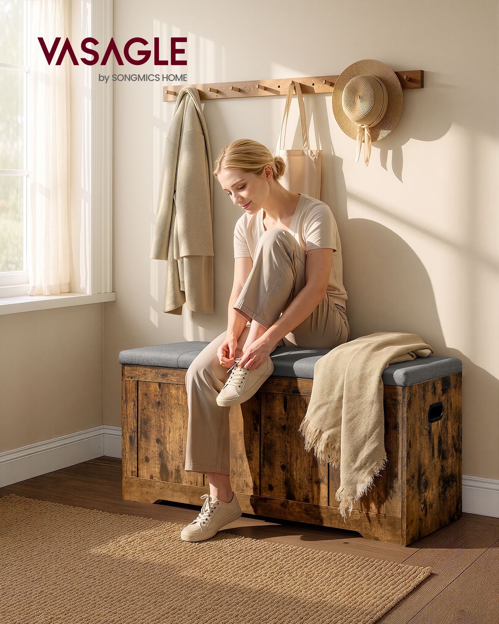 Rustic brown and slate grey storage chest with lid and safety hinges